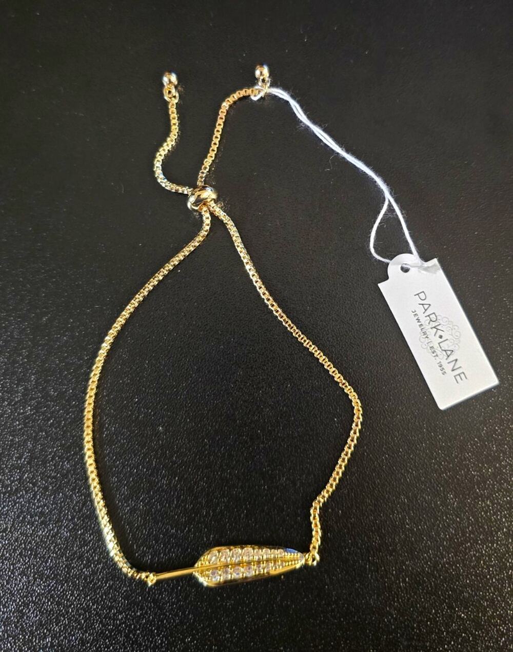 Park Lane Gold Tone Adjustable Slide Box Chain Bracelet Pavé Clear Leaf Charm
